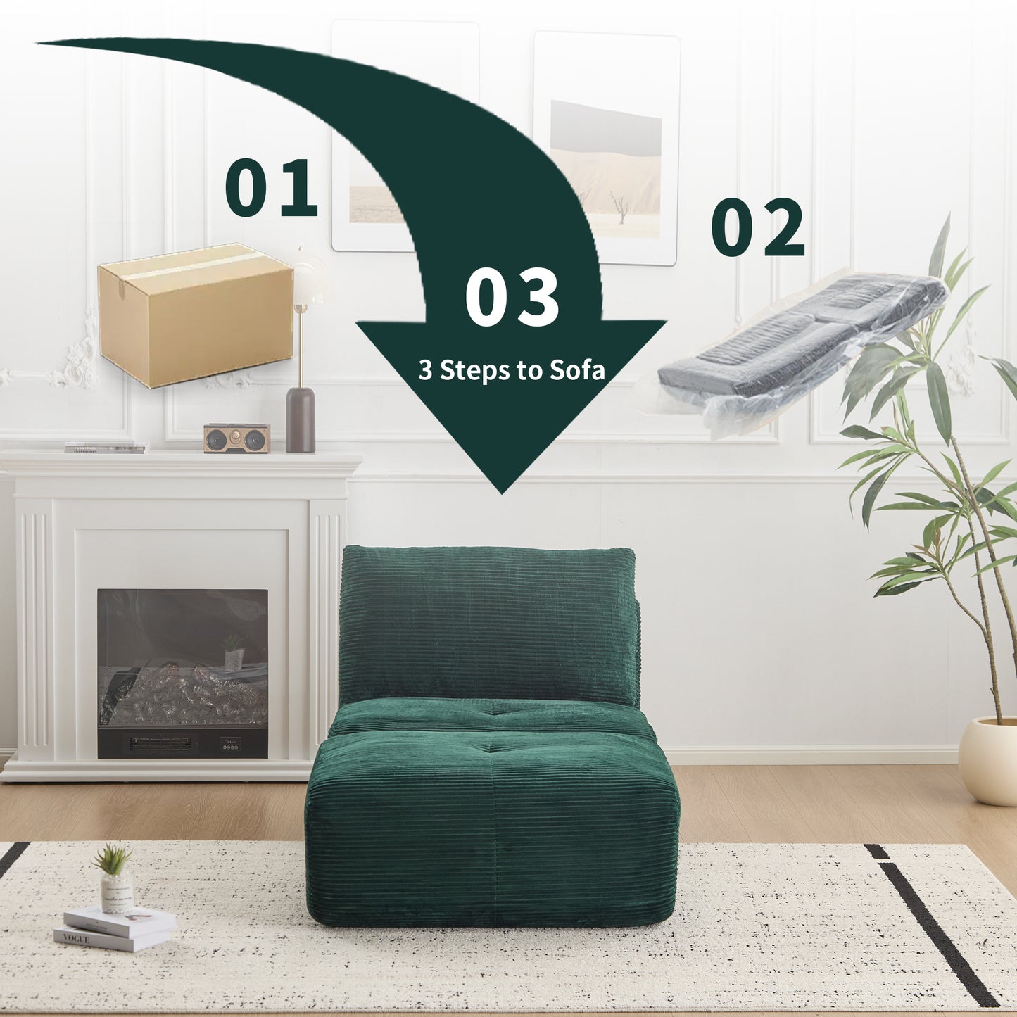 Modern Compressed Memory Foam Chaise Lounge – Corduroy Cloud Sofa with Movable Ottoman | No-Assembly Modular Floor Chaise (Green)