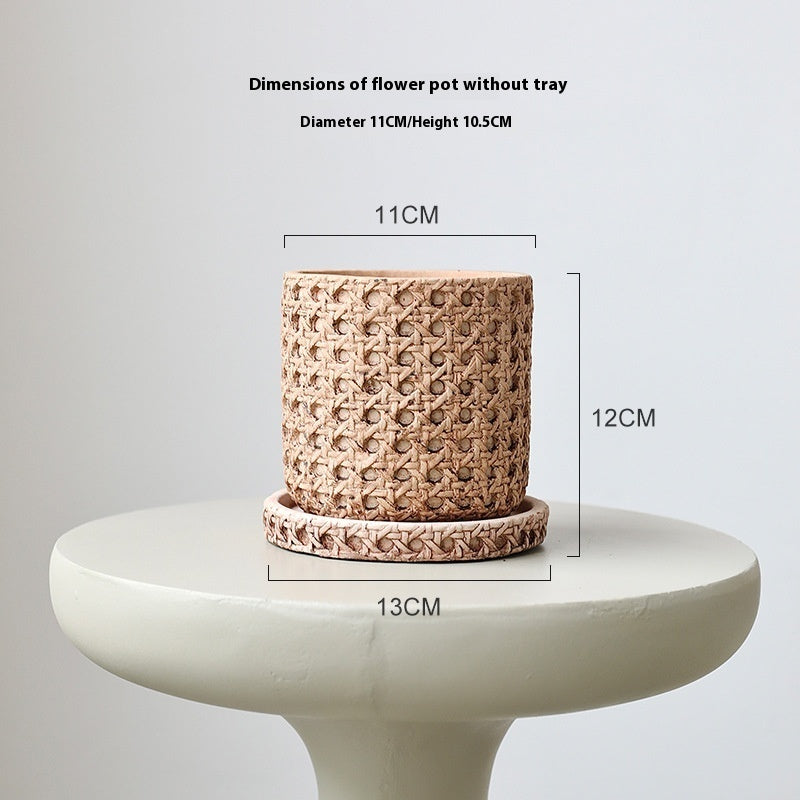 Woven Bamboo Straw Creative Green Plants Pots With Tray