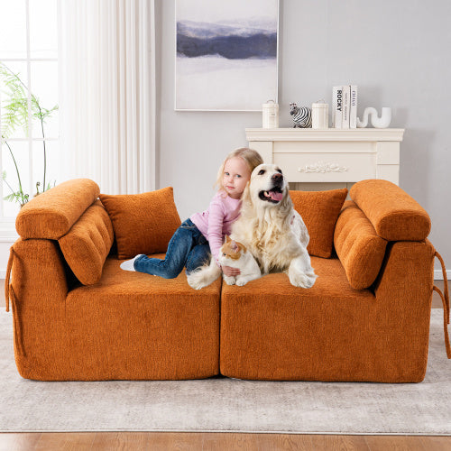 Orange Compression Modular Sofa — 4-Seater Chenille Fabric, Full Foam Design, Includes 2 Pillows