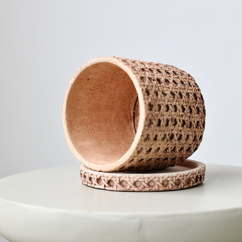 Woven Bamboo Straw Creative Green Plants Pots With Tray