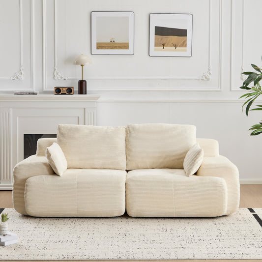 Modern Compressed Memory Foam Sofa – Deep 2-Seater Corduroy Loveseat | No-Assembly Cloud Couch (Beige)
