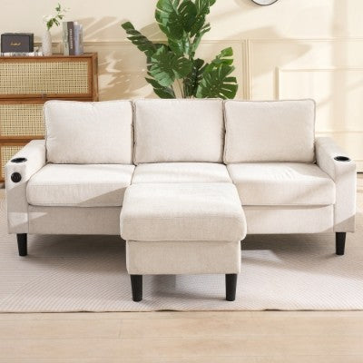 L-Shaped Couch Sofa, Corner Sofa 3 Seater Sofa, Sectional Sofa Couches With USB, Cup Holder, For Apartment Living Room Beige