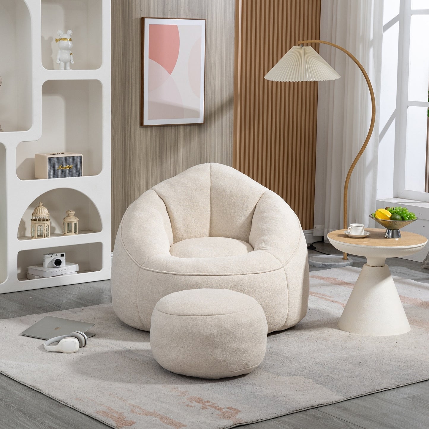 High-Pressure Foam Bean Bag Sofa Chair With Footrest — Padded Microfiber Lounger (Beige)