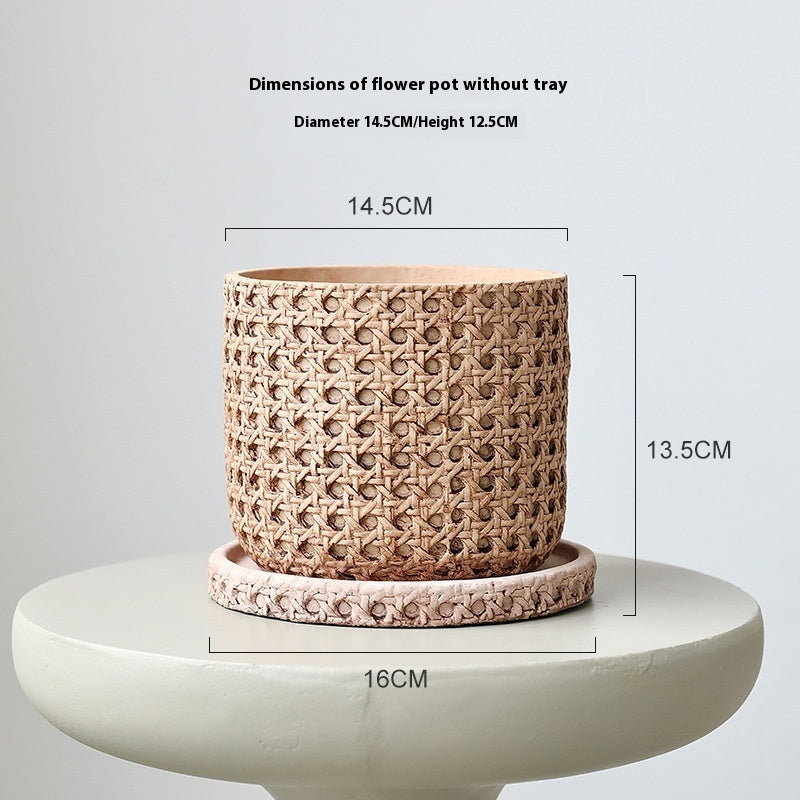 Woven Bamboo Straw Creative Green Plants Pots With Tray