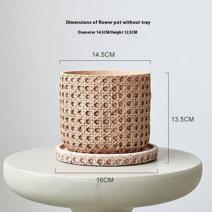 Woven Bamboo Straw Creative Green Plants Pots With Tray