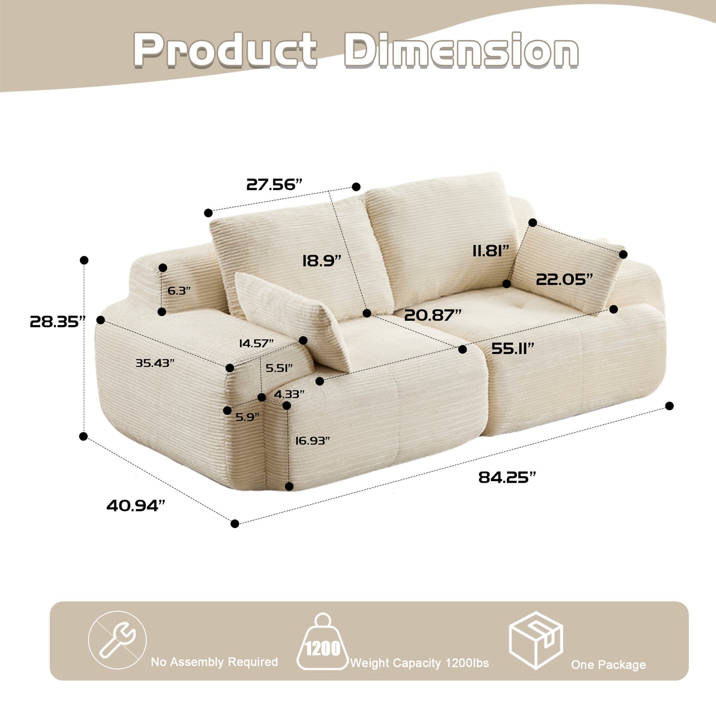 Modern Compressed Memory Foam Sofa – Deep 2-Seater Corduroy Loveseat | No-Assembly Cloud Couch (Beige)