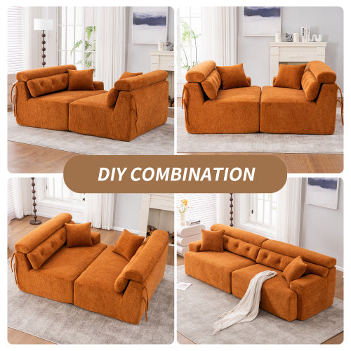 Orange Compression Modular Sofa — 4-Seater Chenille Fabric, Full Foam Design, Includes 2 Pillows