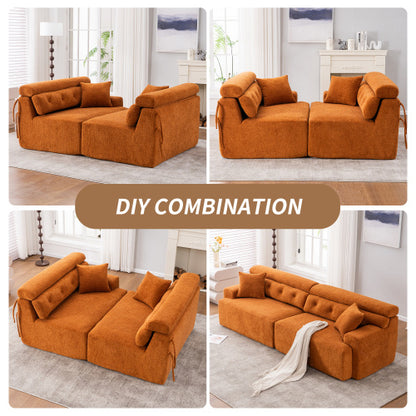 Orange Compression Modular Sofa — 4-Seater Chenille Fabric, Full Foam Design, Includes 2 Pillows