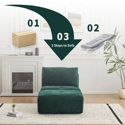 Modern Compressed Memory Foam Chaise Lounge – Corduroy Cloud Sofa with Movable Ottoman | No-Assembly Modular Floor Chaise (Green)