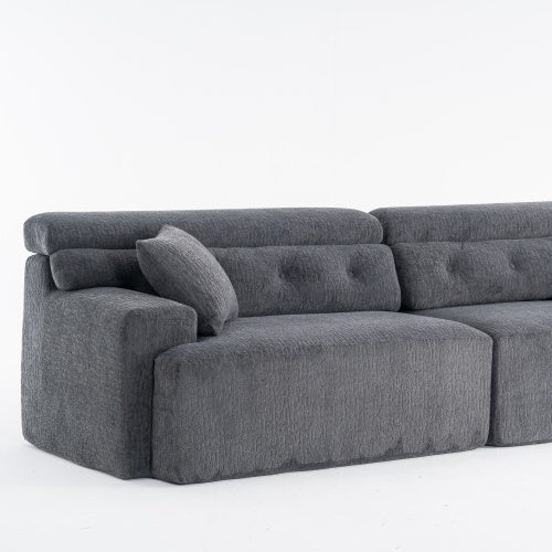 Gray Compression Modular Sofa — 4-Seater Wood-Grain Chenille, Full Foam Design, Includes 2 Pillows