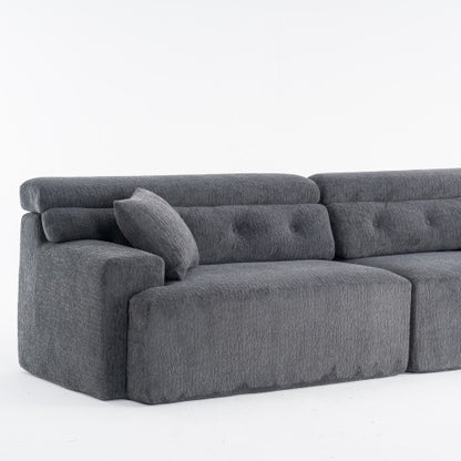 Gray Compression Modular Sofa — 4-Seater Wood-Grain Chenille, Full Foam Design, Includes 2 Pillows