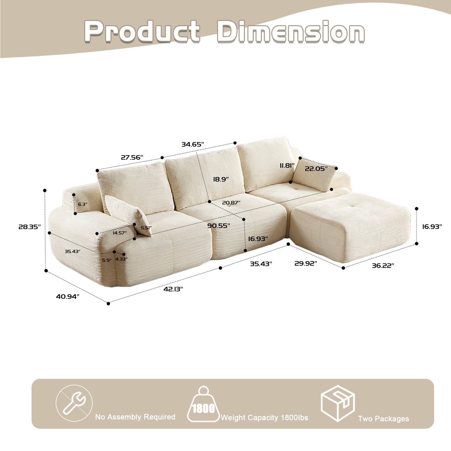 Modern Memory Foam Compressed Sofa,Large Sectional Couches For Living Room,Pet-Friendly Cloud Modular Sectional Sofa,Corduroy Fabric,Extra Deep Loveseat,No Assembly Required, BEIGE