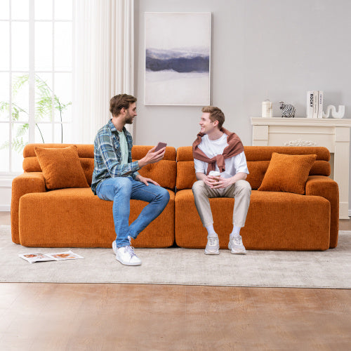Orange Compression Modular Sofa — 4-Seater Chenille Fabric, Full Foam Design, Includes 2 Pillows