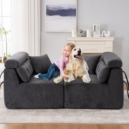 Gray Compression Modular Sofa — 4-Seater Wood-Grain Chenille, Full Foam Design, Includes 2 Pillows