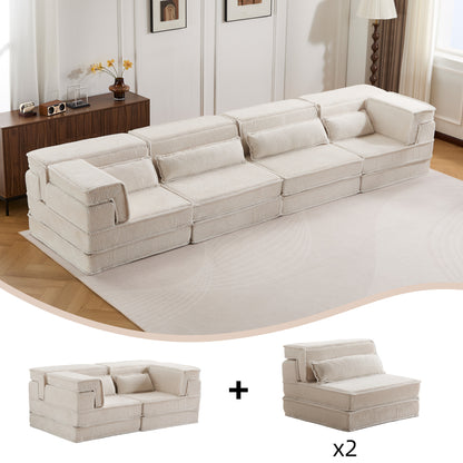 Compression Mahjong Sofa,Convertible Floor Sofa Bed,DIY Boneless Modular Sectional Sofa,No Assembly Required,Circle Fleece Fabric,Oversized 4 Seater With 4 Pillows,White