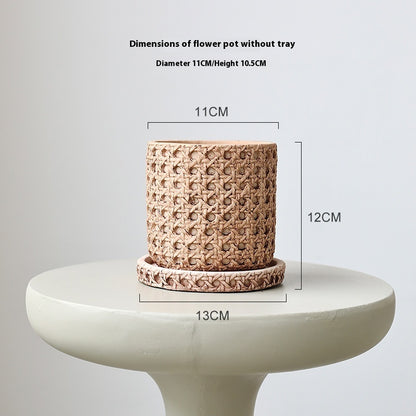 Woven Bamboo Straw Creative Green Plants Pots With Tray