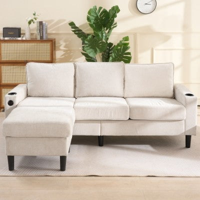 L-Shaped Couch Sofa, Corner Sofa 3 Seater Sofa, Sectional Sofa Couches With USB, Cup Holder, For Apartment Living Room Beige
