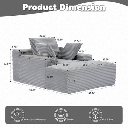 Oversized Chaise Lounge Chair Cozy Cloud Couch, Modern Plush Corduroy Upholstered Sleeper Sofa Daybed With 3 Throw Pillows And Wide Armrest For Living Room, No Assembly Required,Grey