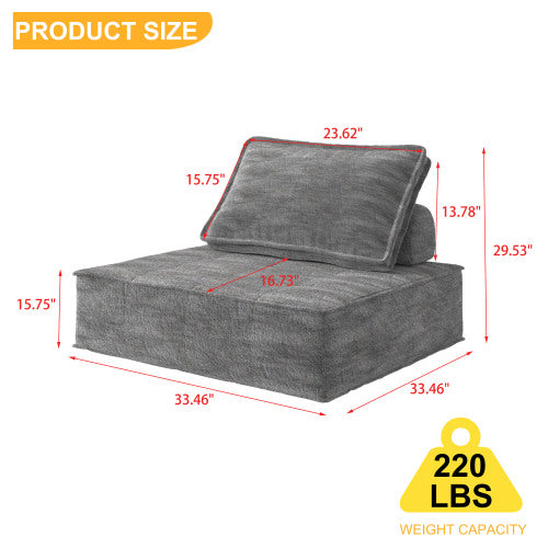 Modern Modular Sectional Single Sofa Couch Single Square Sofa Modern Armless Floor Sofa Couch Accent Armless Chair With Removable Back Cushion For Living Room, Apartment  Gray  Upholstered