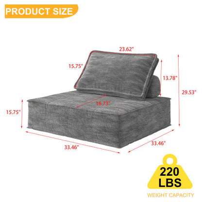 Modern Modular Sectional Single Sofa Couch Single Square Sofa Modern Armless Floor Sofa Couch Accent Armless Chair With Removable Back Cushion For Living Room, Apartment  Gray  Upholstered
