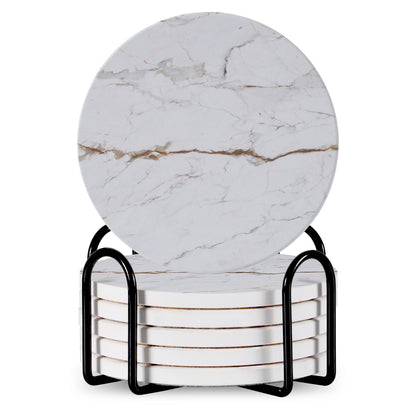 Set Of 6 Beverage Coasters With Stand Round 4in Ceramic Coaster With Metal Stand Absorbent Marble Stone Coaster With Cork Base
