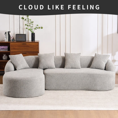 Grey Compression Modular Sofa — 3-Seater with Chaise, Wood-Grain Chenille, Full Foam Design, Includes 4 Pillows