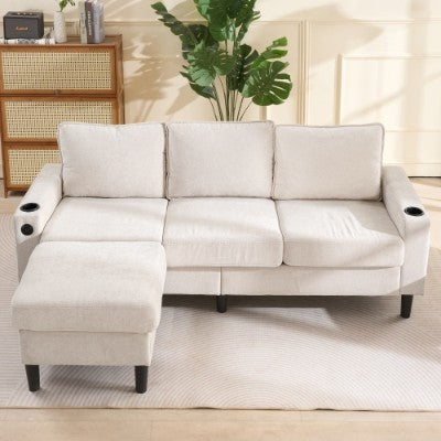 L-Shaped Couch Sofa, Corner Sofa 3 Seater Sofa, Sectional Sofa Couches With USB, Cup Holder, For Apartment Living Room Beige
