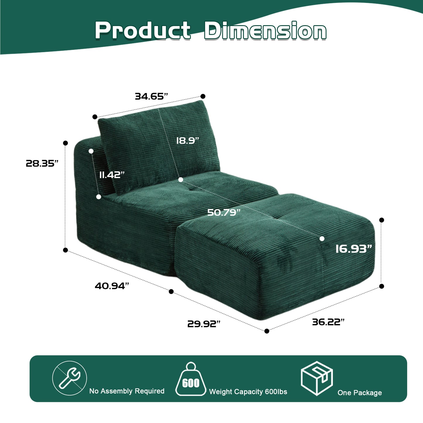 Modern Compressed Memory Foam Chaise Lounge – Corduroy Cloud Sofa with Movable Ottoman | No-Assembly Modular Floor Chaise (Green)