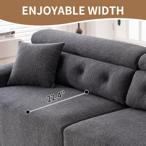 Gray Compression Modular Sofa — 4-Seater Wood-Grain Chenille, Full Foam Design, Includes 2 Pillows