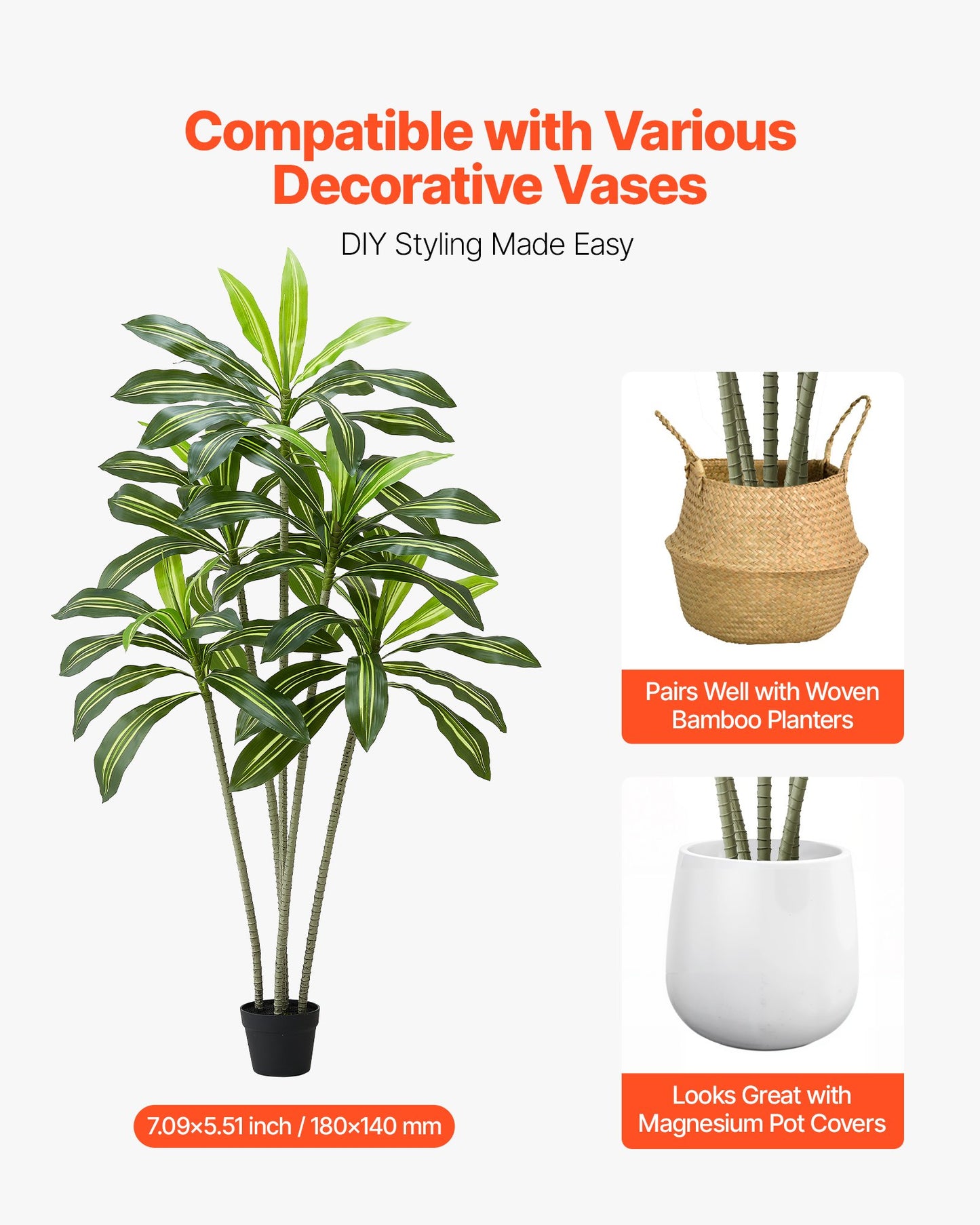 6ft Artificial Dracaena Tree Fake Plant With White Planter Indoor