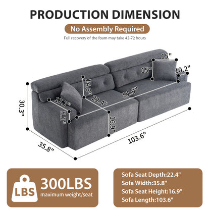 Gray Compression Modular Sofa — 4-Seater Wood-Grain Chenille, Full Foam Design, Includes 2 Pillows