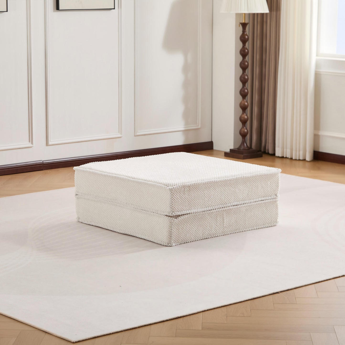 Compression Mahjong Sofa,Convertible Floor Sofa Bed,DIY Boneless Modular Sectional Sofa,No Assembly Required,Circle Fleece Fabric,1 Ottoman,White