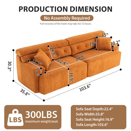 Orange Compression Modular Sofa — 4-Seater Chenille Fabric, Full Foam Design, Includes 2 Pillows