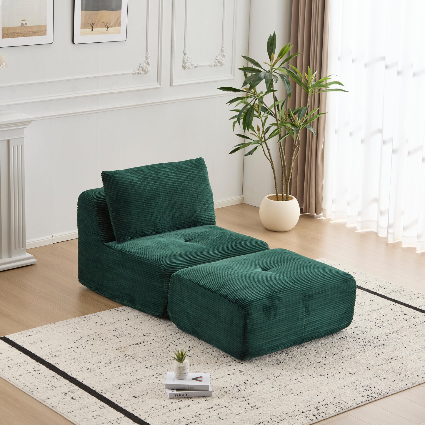 Modern Compressed Memory Foam Chaise Lounge – Corduroy Cloud Sofa with Movable Ottoman | No-Assembly Modular Floor Chaise (Green)