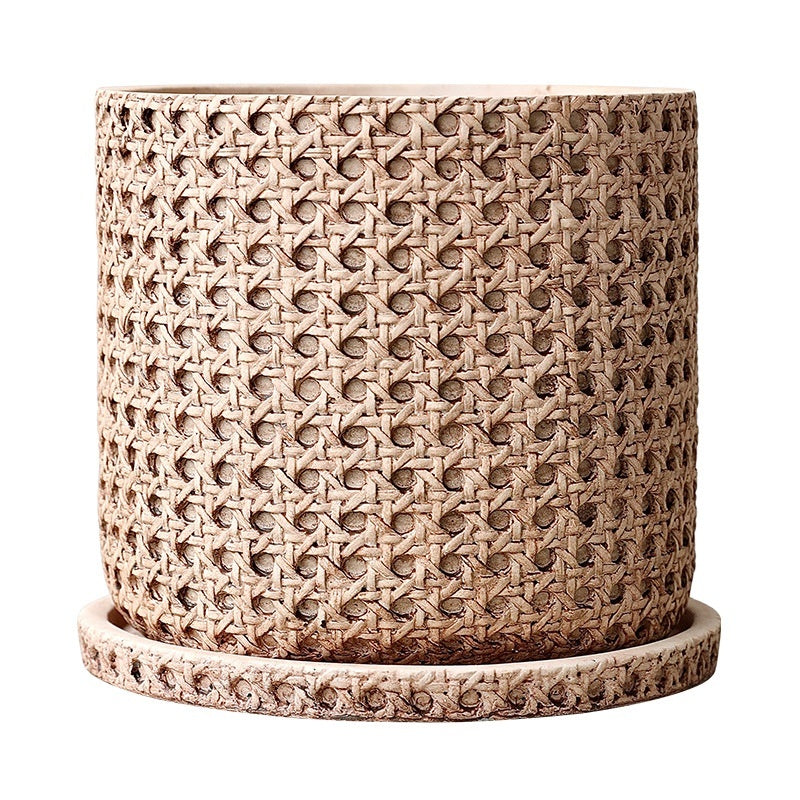 Woven Bamboo Straw Creative Green Plants Pots With Tray