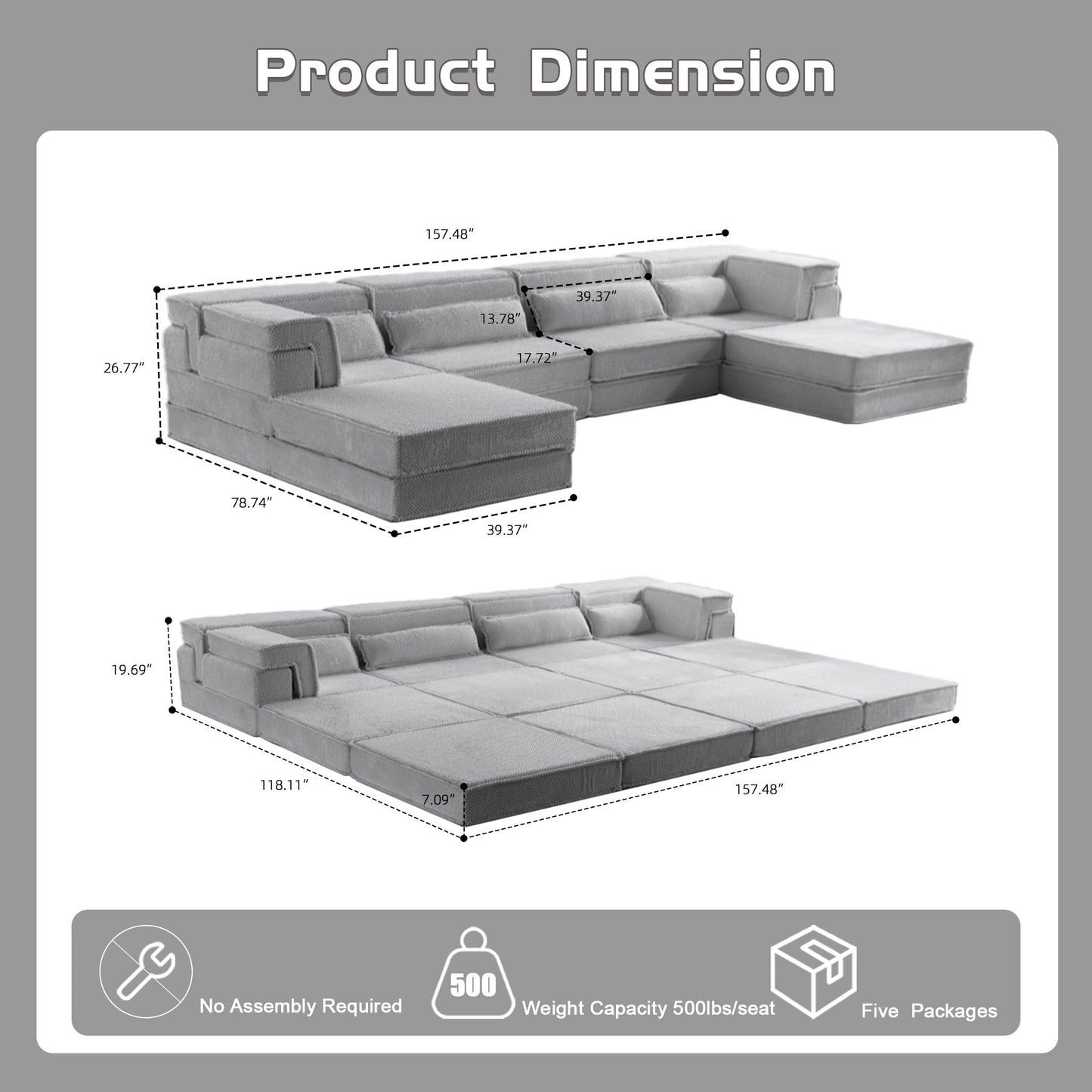 Compression Mahjong Sofa,Convertible Floor Sofa Bed,DIY Boneless Modular Sectional Sofa,No Assembly Required,Circle Fleece Fabric,Oversized 4 Seater With 2 Ottoman,Light-grey