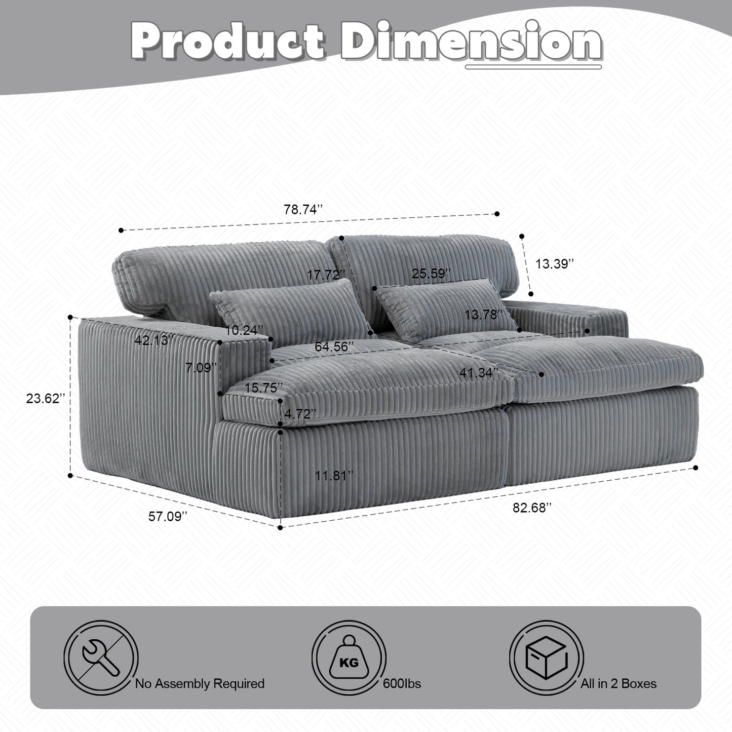 Double Chaise Lounge Chair Indoor,Oversized Upholstered Sleeper Cloud Couch,Deep Seat Luxury Sofa Bed,Sectional Sofa Chaise Love-seat,Corduroy Reading Chair For Living Room,No Assembly Required,Grey