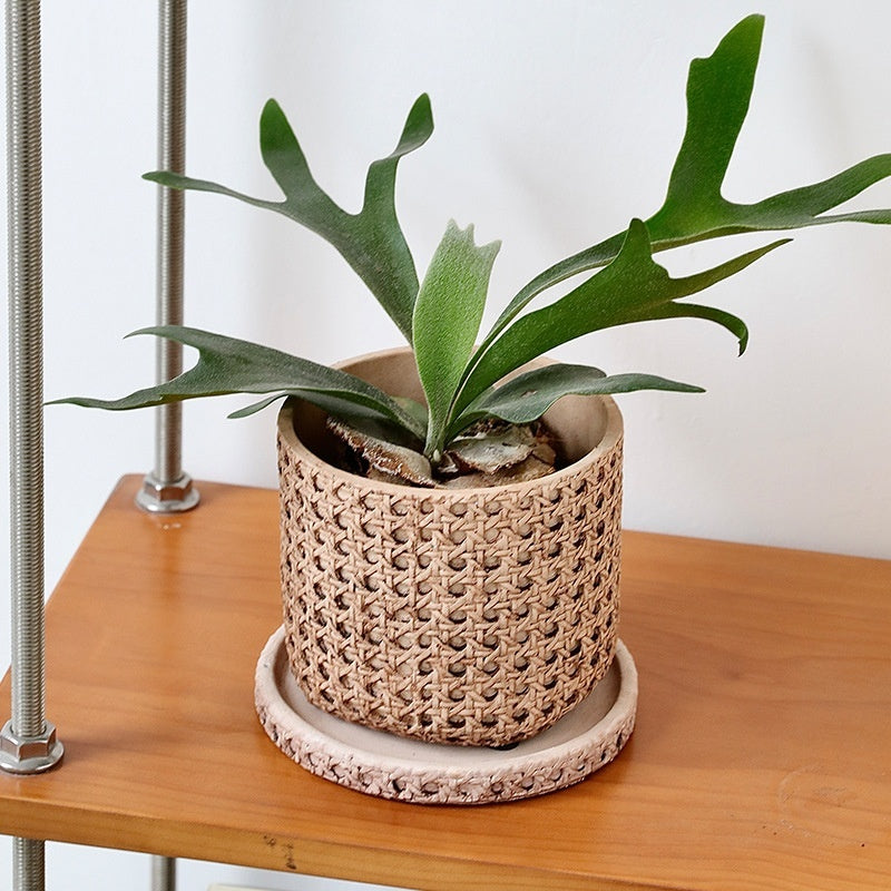 Woven Bamboo Straw Creative Green Plants Pots With Tray