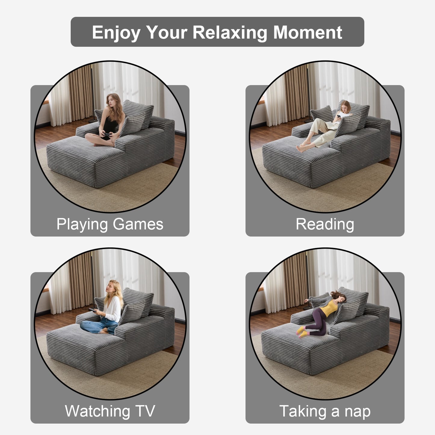 Oversized Chaise Lounge Chair Cozy Cloud Couch, Modern Plush Corduroy Upholstered Sleeper Sofa Daybed With 3 Throw Pillows And Wide Armrest For Living Room, No Assembly Required,Grey