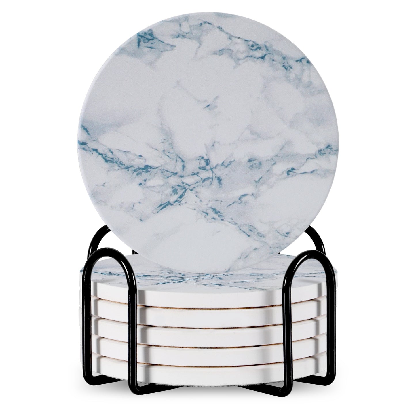 Set Of 6 Beverage Coasters With Stand Round 4in Ceramic Coaster With Metal Stand Absorbent Marble Stone Coaster With Cork Base