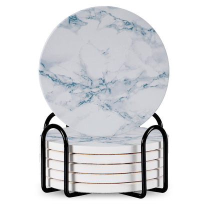 Set Of 6 Beverage Coasters With Stand Round 4in Ceramic Coaster With Metal Stand Absorbent Marble Stone Coaster With Cork Base