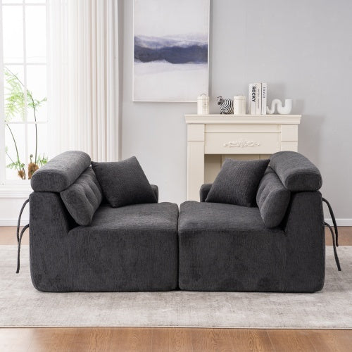 Gray Compression Modular Sofa — 4-Seater Wood-Grain Chenille, Full Foam Design, Includes 2 Pillows