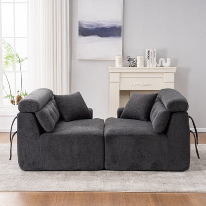 Gray Compression Modular Sofa — 4-Seater Wood-Grain Chenille, Full Foam Design, Includes 2 Pillows
