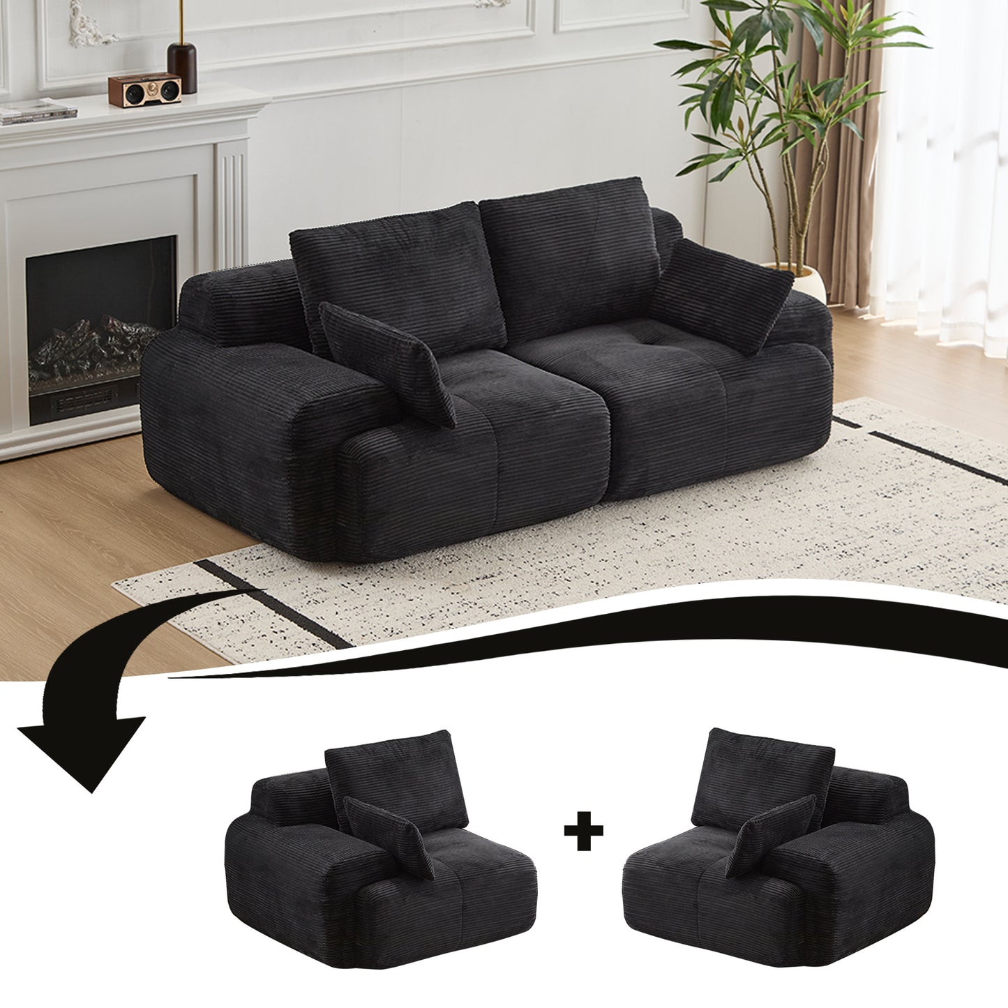 Modern Memory Foam Compressed Sofa,2 Seater Large Sectional Couches For Living Room,Pet-Friendly Cloud Modular Sectional Sofa,Corduroy Fabric,Extra Deep Loveseat,No Assembly Required, Black