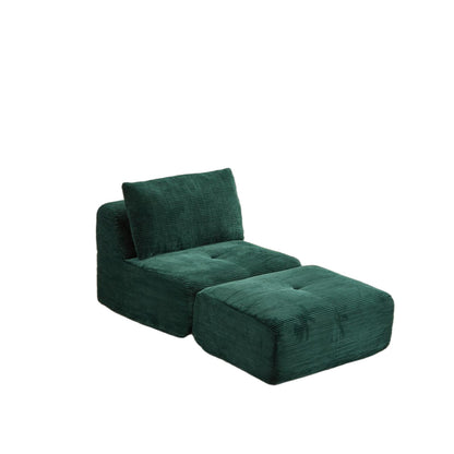 Modern Compressed Memory Foam Chaise Lounge – Corduroy Cloud Sofa with Movable Ottoman | No-Assembly Modular Floor Chaise (Green)